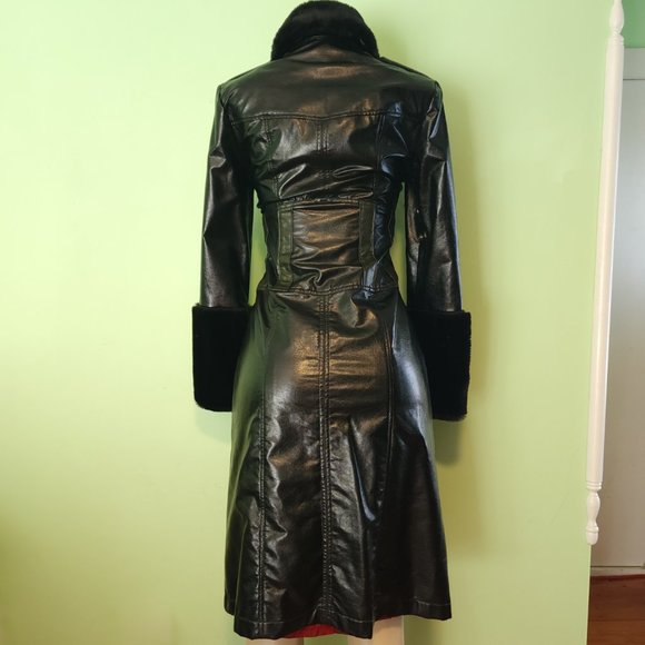 Vintage Lip Service Vice Faux Fur Keyhole Military Black And Green Trench Coat - Picture 3 of 8